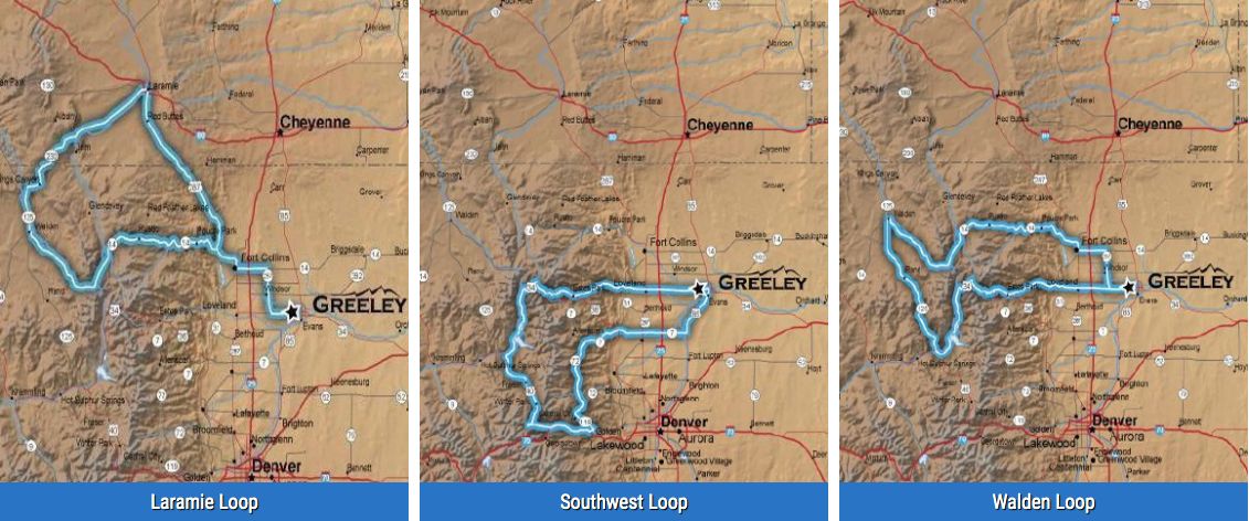 Ride guide maps showing Laramie Loop, Southwest Loop, and Walden Loop routes near Greeley, Colorado